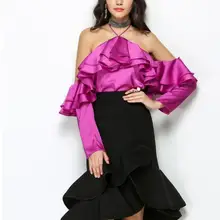 Летняя юбка стиль Высокая Талия черный, Белый цвет оборками нерегулярные рыбий хвост юбки элегантный Для женщин Офисные женские туфли работы юбка SP-82