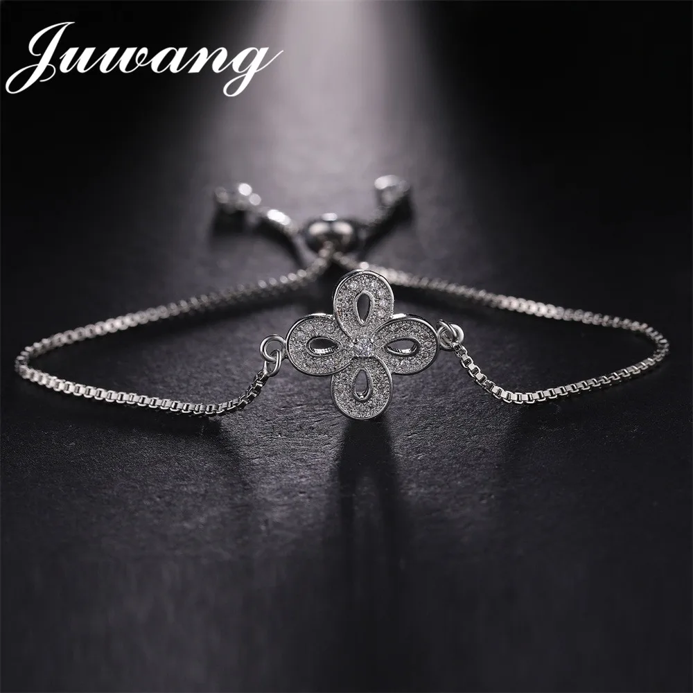 

JUWANG Cute Flower Cubic Zirconia Crystal Bracelets with Adjustable Slide Bead For Women Girl Fashion Jewelry Gift