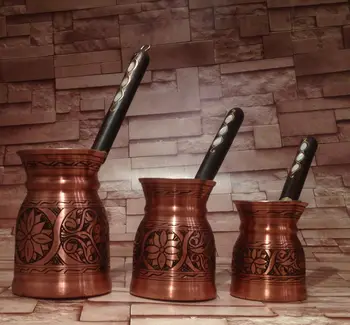 

Copper Color Turkish Greek Arabic Coffee Pot Coffee Marble Decoreted Handle Wood