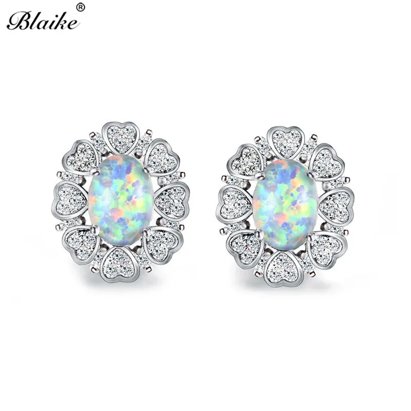 

Blaike Oval White/Blue Fire Opal Stud Earrings for Women Wedding Jewelry 925 Sterling Silver Filled Fashion Heart Zircon Earring