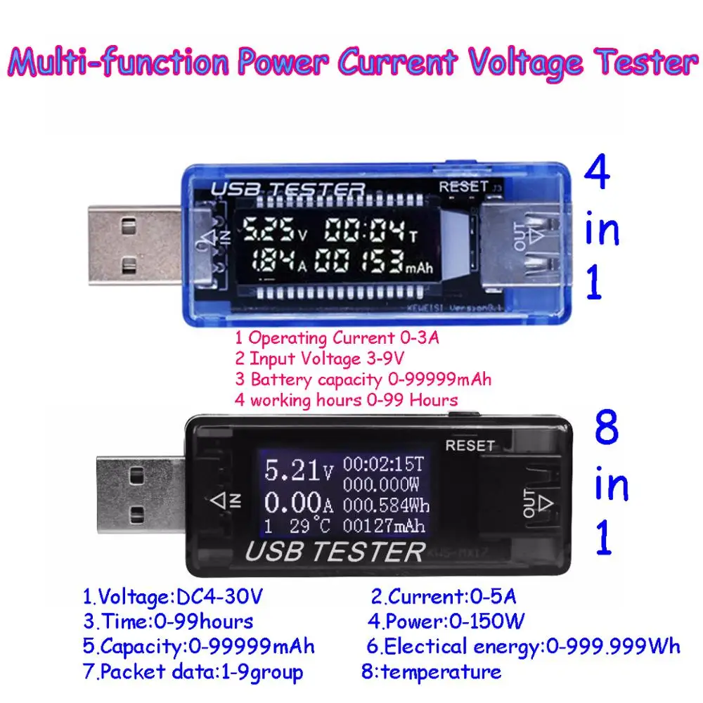 Высокое качество 4 в 1 измерители напряжения Oled мини емкость мощность ток тестер напряжения 8 в 1USB Емкость тестер напряжения