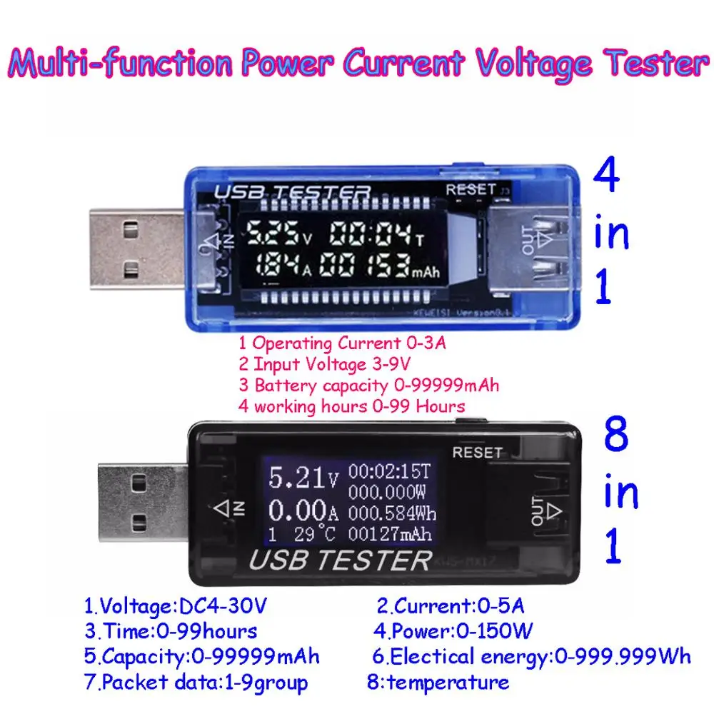 

High Quality 4 In 1 Voltage Meters Oled Mini Capacity Power Current Voltage Tester 8 in 1USB capacity voltage tester