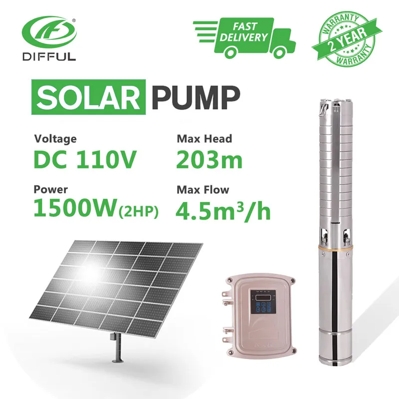 

4" DC Deep Well Solar Water Pump 110V 2HP MPPT Controller with Stainless Steel Impeller Borehole Sun Power High Pressure
