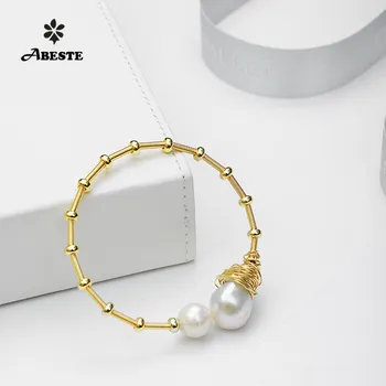 

ANI 14K Roll Gold Handmade Women Bangle Natural Freshwater White Pearl Gold Fashion Design Fine Jewelry Baroque Shape Bracelets