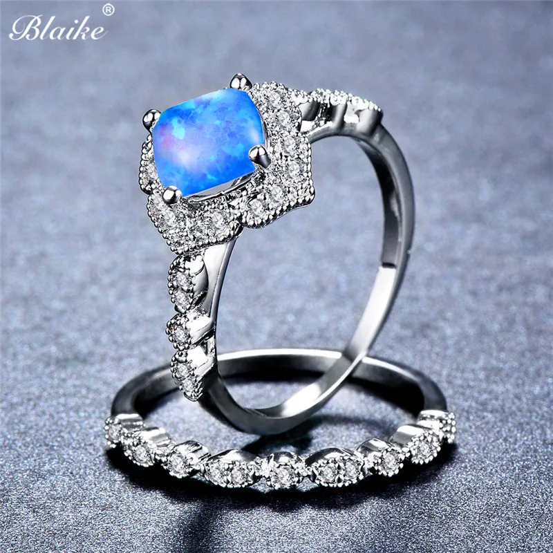 

Blaike Square Blue/White Fire Opal Ring Sets For Women 925 Sterling Silver Filled Birthstone Double Rings Bridal Wedding Jewelry
