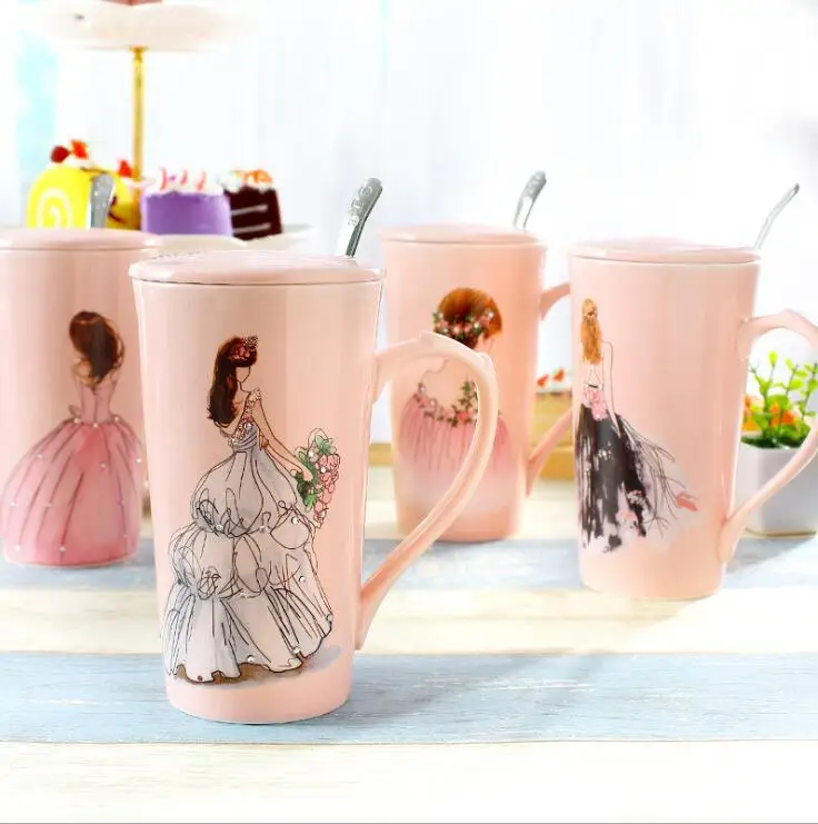 

TECHOME Wedding Dress Ceramic Mug Creativity Hand Painted Beauty Diamond Porcelain Cup Pink Coffee Milk Private Cup