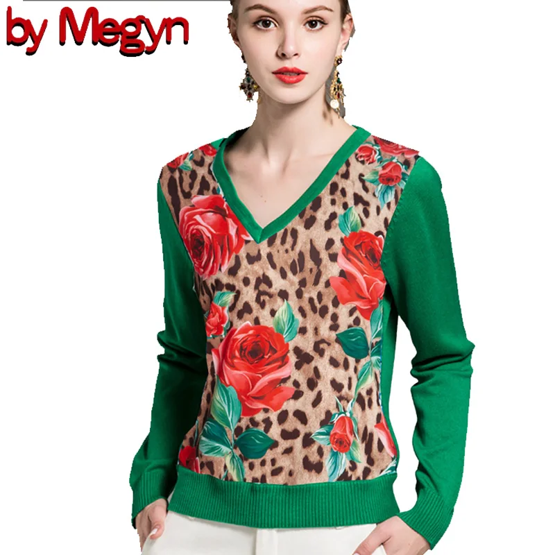 От Megyn свитер женский модный свитер розовый цветочный Леопардовый принт шерстяной женский длинный рукав v-образный вырез Модный женский свитер 2XL