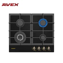 Встраиваемая панель с газконтролем, с чугунными решетками AVEX HM 6044 RB, ручки Бронза, чёрное закалённое стекло