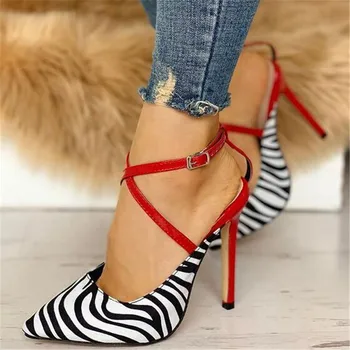 

2019 New Cross-tied Strip Shoes Women Zebra Black White Stripe Elegant High Heels Pumps Sexy Ladies Wedding Dress Shoes Women