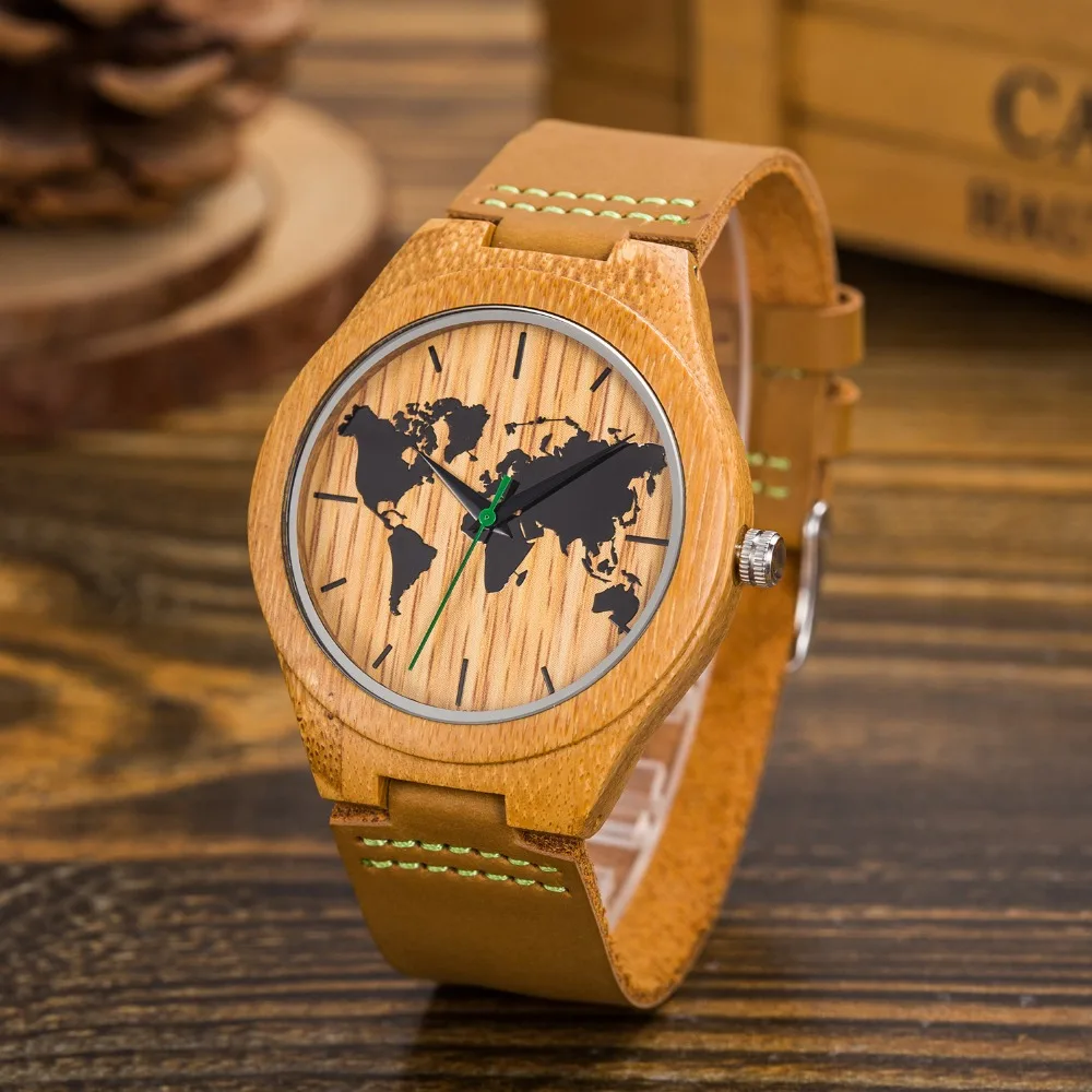 

New 2018 Wood Retro Men Casual Watches Brand Vintage Leather Wristwatch Quartz Clock Hours Man`s Fashion Face Map bamboo Watch