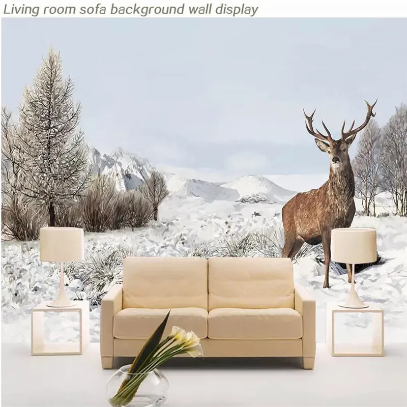 Hand-painted snow deer TV background wall custom high-end mural factory wholesale wallpaper mural photo wall Hand-painted snow deer TV background wall custom high-end mural factory wholesale wallpaper mural photo wall