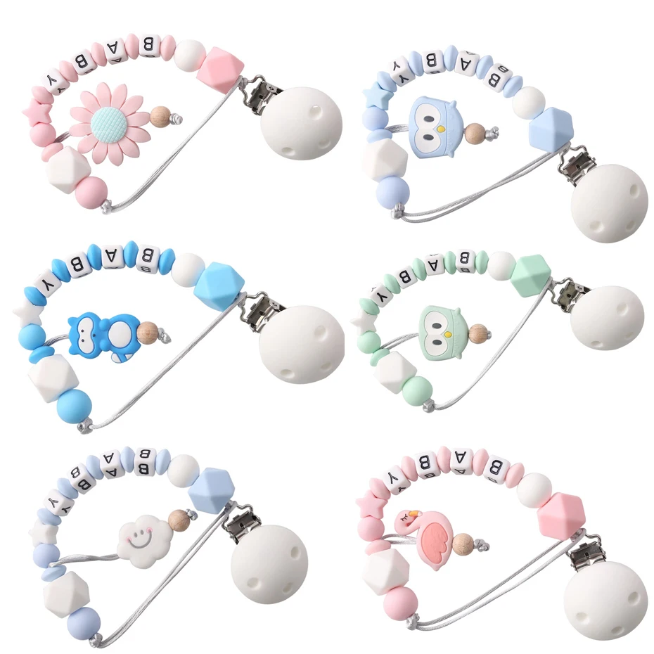 Let's make 1pc Personalized Name Dummy Clip Food Grad Silicone Chew Beads Round Teething DIY Baby Teething Pacifier Clips Chains