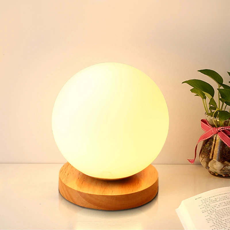 Modern Wooden glass ball moon lamp Japanese small Table Lamps colorful glass desk lamp bedroom bedside led lights decoration