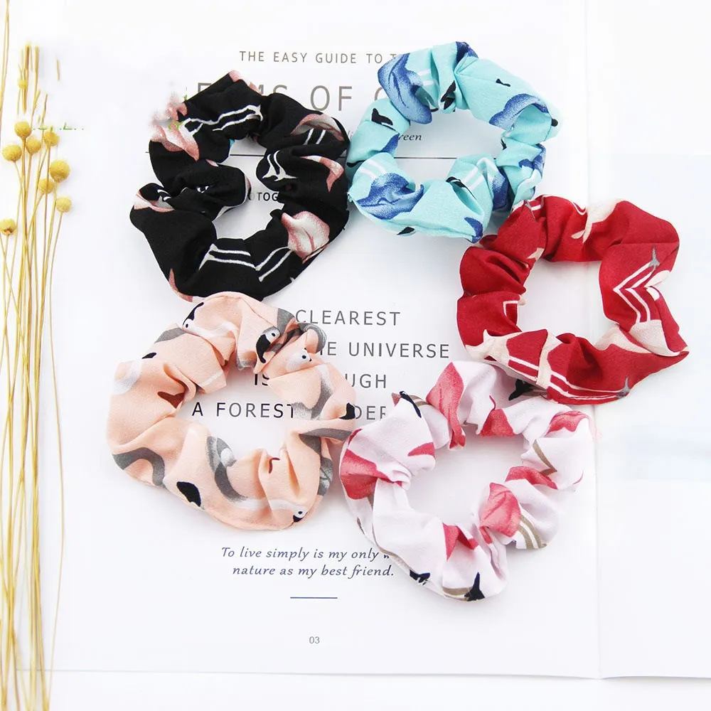 

1pc New Fashion Girl Print Flower Flamingos Polka Design Chiffon Fabric Hair Scrunchy Ponytail Holder Hair ties Gum Hair Bands