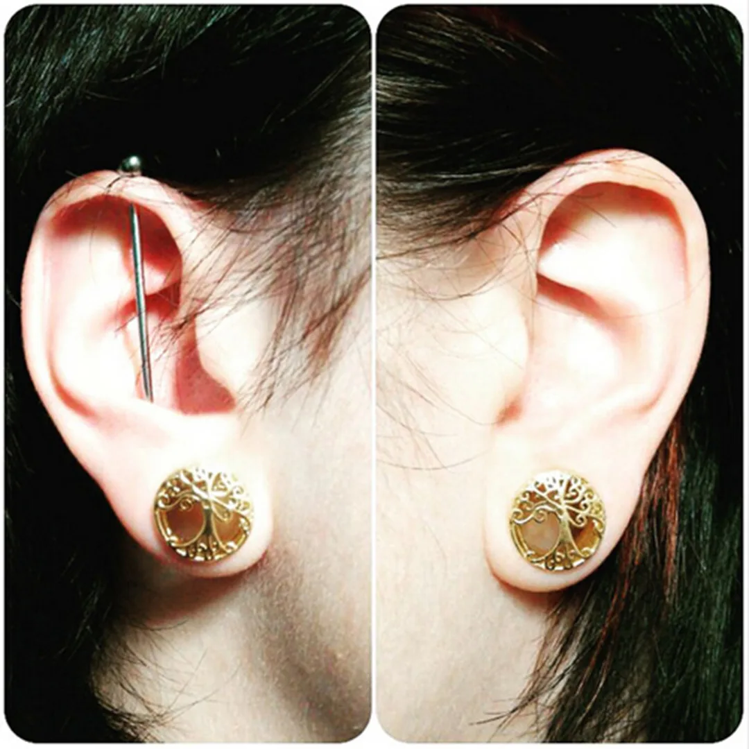 1Pair Shellhard Antique Brass Ear Plugs Shellhard Hollow Tree Life Flesh Tunnel Ear Plug Gauge Piercing Jewelry For Women