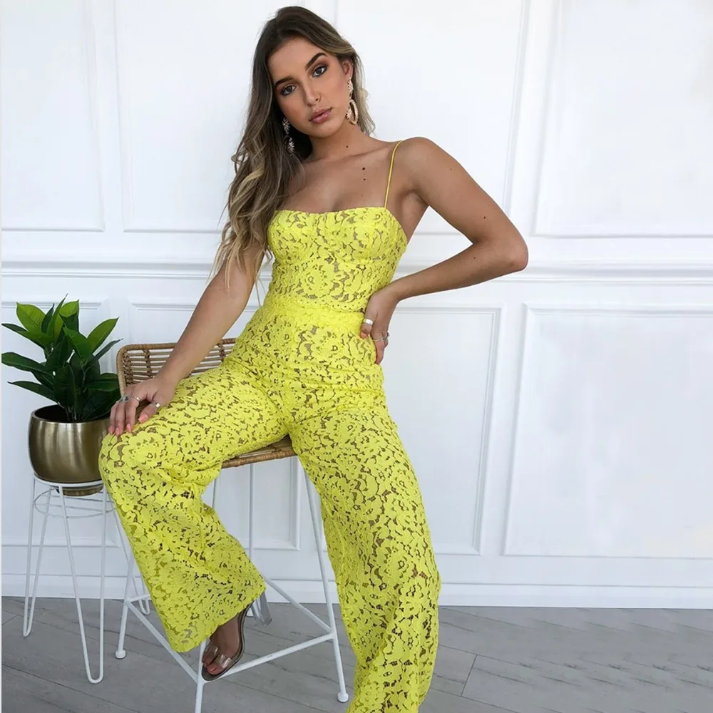 

BKLD Casual Tracksuit Women 2 Piece Set Top And Pants Strap Crop Tops And Wide Leg Pants 2019 New Sexy See-through Lace Overalls