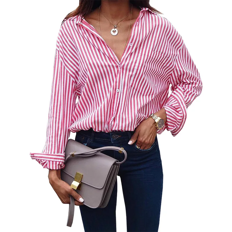 جديد أزياء كبير حجم 2018 مثير مخصص اللون عارضة الصيف قميص مخطط طويل الأكمام قميص blusa الإناث المرأة TN11