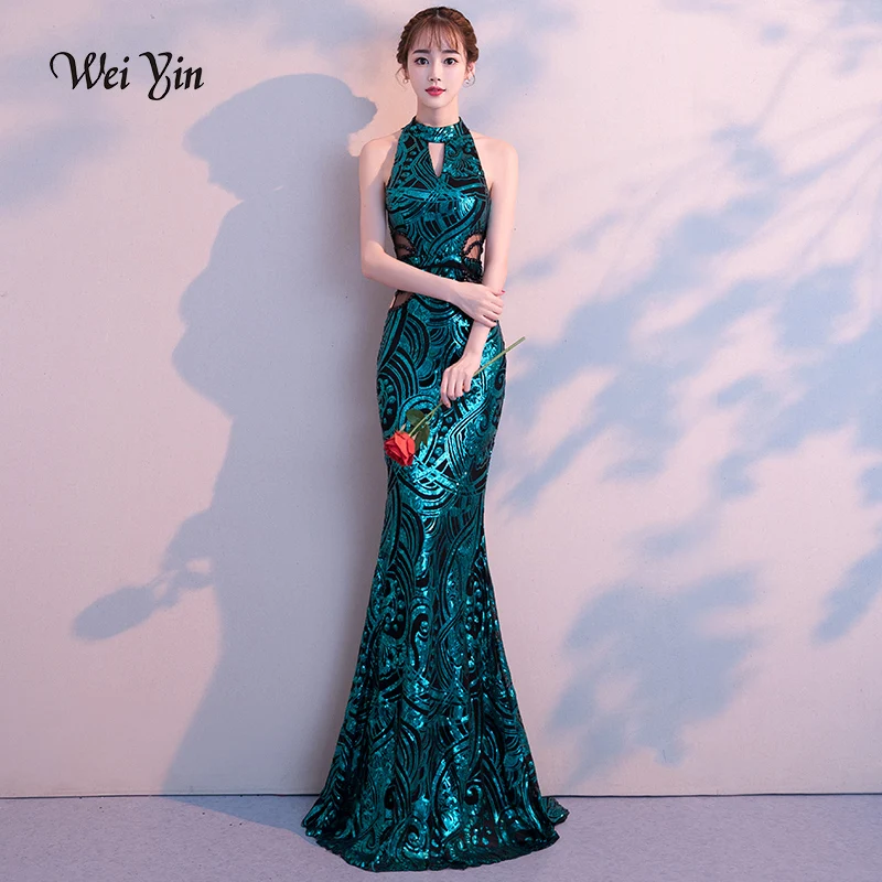 

weiyin 2019 New Sexy Mermaid Long Evening Dresses Vestido de Festa Luxury Green Sequin Formal Party Dress Prom Gowns