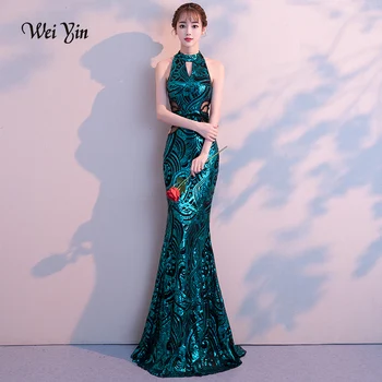 

weiyin 2020 New Sexy Mermaid Long Evening Dresses Vestido de Festa Luxury Green Sequin Formal Party Dress Prom Gowns