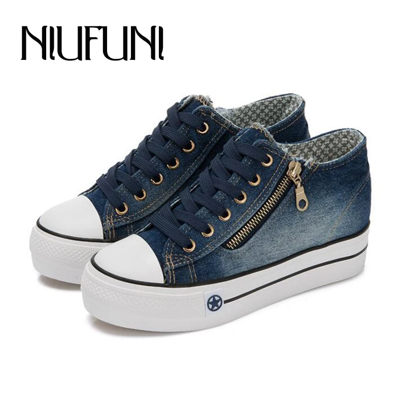 

Height Increasing Summer Autumn Women Vulcanize Shoes Casual Zip Ladies Platform Shoes Soft Denim Canvas Women Sneakers