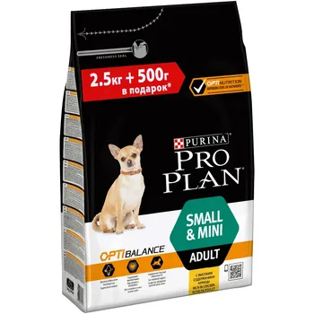 

Pro Plan dry food for adult dogs of small/dwarf breeds with the OPTIBALANCE complex, with chicken, Package, 2.5 kg + 500g