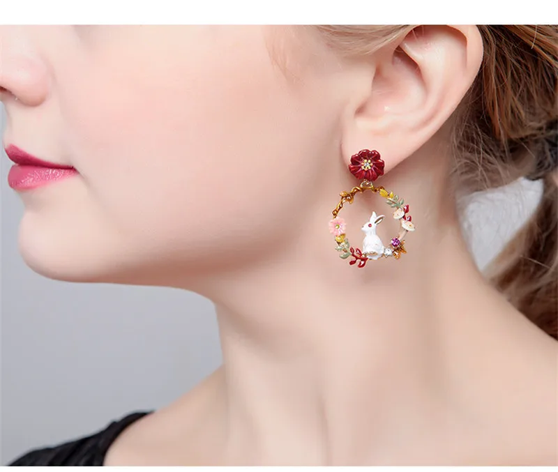 

Hand-Painted pastoral Cute Enamel Colours Flower Leaves Mushroom Crystal Stud Earrings Freehand Sketching Drops Of Glaze Earring