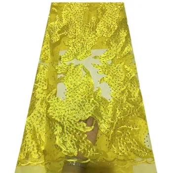 

African Lace Fabric 2018 High Quality Lace Fashion Yellow African Tulle Lace Fabric For Nigerian Wedding With Stones HJ946-2