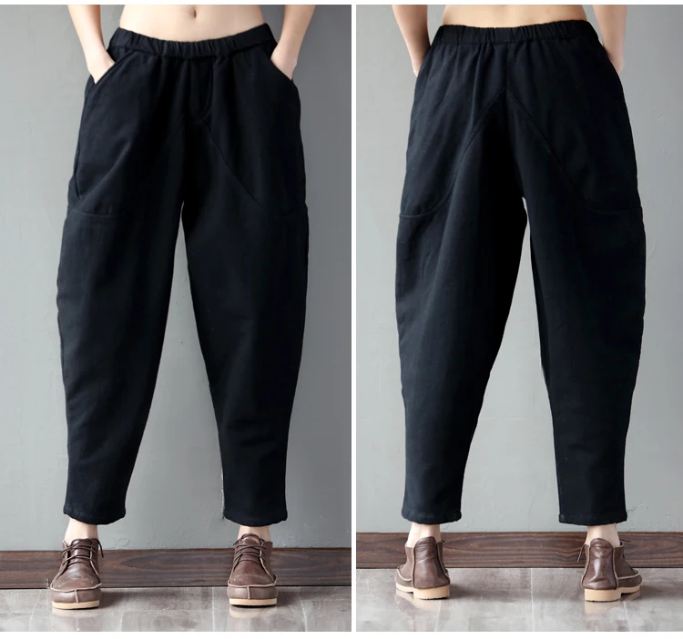 Obrix Loose Sporty Streetwear Female Harem Pants Mid Elastic Waist Calf Length Cotton Pockets Dance Wide Hips Pants For Women