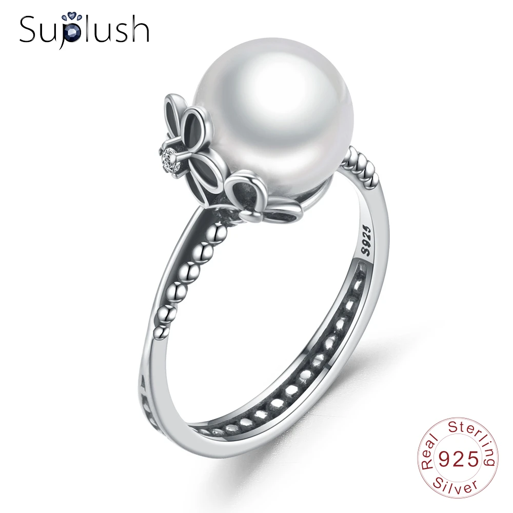 

Suplush Authentic 100% 925 Sterling Silver Female Rings with Simulated Pearl For Women Finger Ring anillos mujer PSRI0082-B