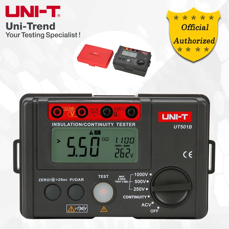 

UNI-T UT501B Insulation Tester; 1000V Digital Megohmmeter, Light/Buzzer Alarm, Over Load Indication, Automatic Discharge