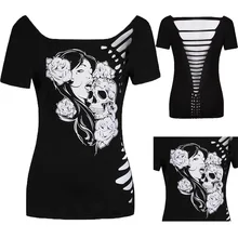 2018 verano Sexy quema flores hueco cráneo cabeza camisetas camisa mujer Casual camiseta