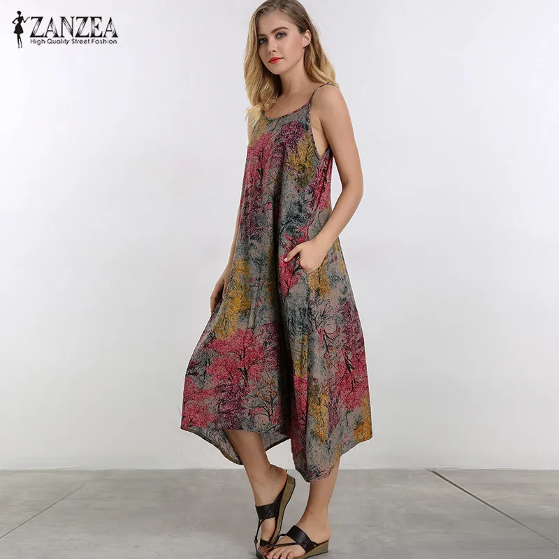 

M-5XL ZANZEA Women Sexy Strappy Casual Loose Slip Dress Summer Vintage Floral Print SBeach Party Midi Sundress Vestido Plus Size