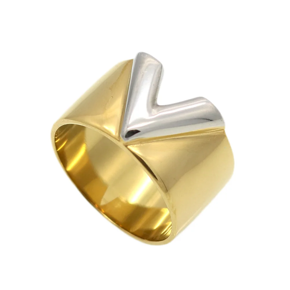 

Fashion Famous Brand Men Women Ring Jewelry Double Color Gold Color Titanium Steel High Polished Love V Ring