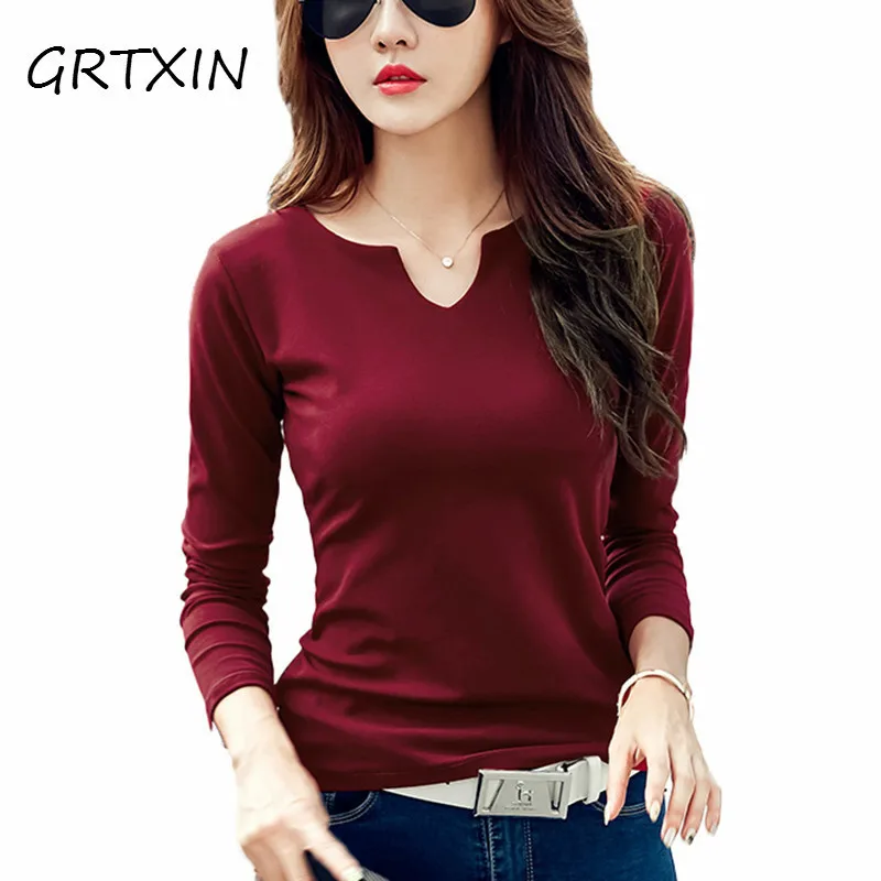 

GRTXIN T-shirt Women Autumn Cotton Female T Shirts V-Neck Solid Striped Tops Casual Basic Lady Tees Plus Size 3XL