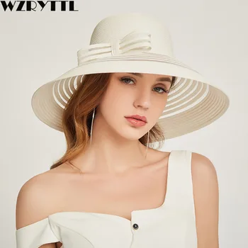 

2019 New Style Women Summer Beach Hat Bow knot Accent Ladies Striped Wide Brim Floppy Sun Hat Kentucky Derby Paper Straw Hat