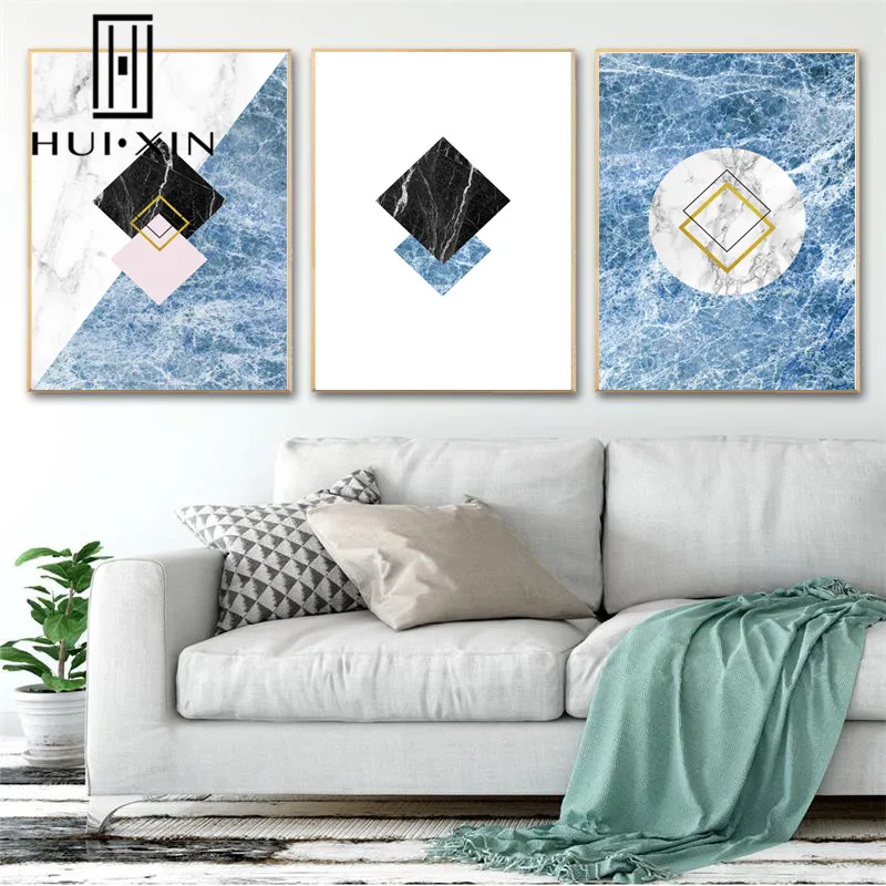 Geometric Simple Colorful Rhombus Patterns White Land Blue Sea Wave Nordic Modern Wall Prints Canvas Poster Room Decor Paintings