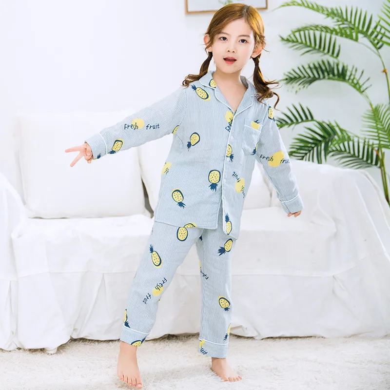 Новые осенние пижамные комплекты для девочек в Корейском стиле с принтом ананаса; комплекты одежды для детей; хлопковая одежда для сна для мальчиков; комплекты детской одежды из 2 предметов - Цвет: light blue