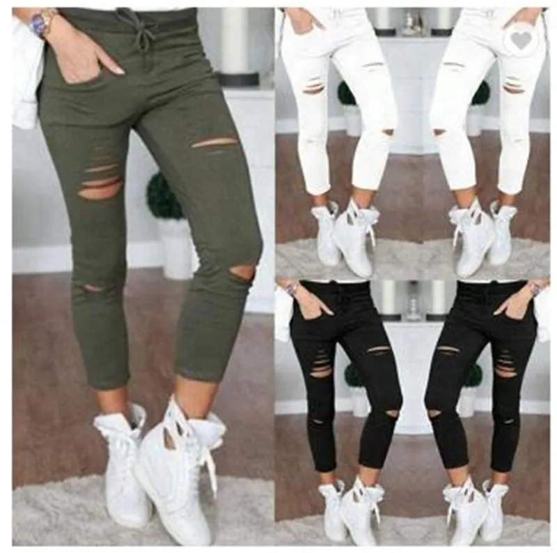 

Female Trousers Women Hole Leggings Ripped Pants Slim Stretch Drawstring Trousers Pants Army Green Pants