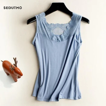 

SEDUTMO 2018 Summer Lace Tank Top Women T Shirt Fashion Sleeveless Tee Sexy Oversize Modal White V Neck Shirts ED264