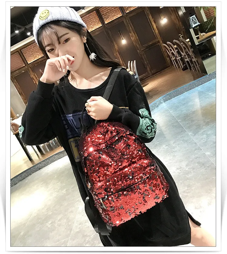 MJ Sequin Backpack Women Fashion Sequined PU Leather Backpack Travel Bag Female Shining Daypack for Teenage Girls (2)