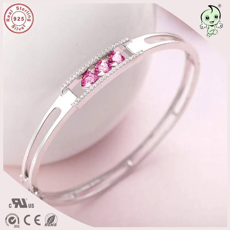 

Popular Good Quality Gift Silver Jewelry Bangle Pink Love Heart Famous Crystals 925 Pure Silver Bangle