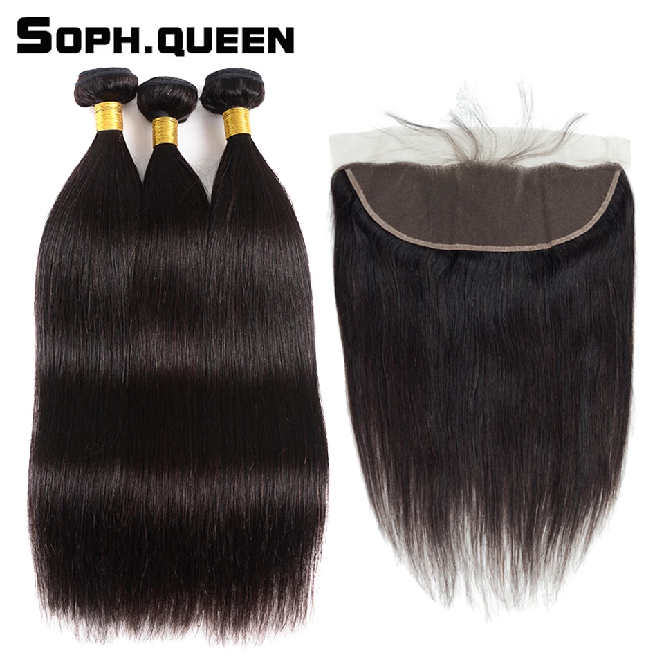 

Soph Queen Brazilian Straight 3 Bundles With Frontal Remy Human Hair Natural Color 8-26 inch Bundles With Closure Lace Frontal