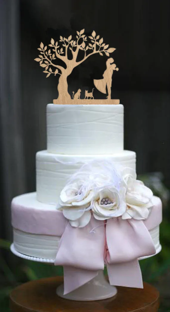 Mixed Style Bride and Groom with Dog and Cat Silhouette Tree Wedding Engagement Cake Topper Rustic Wood free shipping - Цвет: Мятно-зеленый