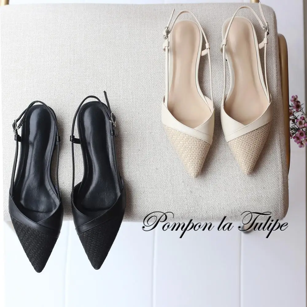 

BHS 901145 Chic Pointed Toe 3CM Heels Slingback Genuine Leather Stylish Sandals Sheepskin Fashion Women Shoes Party Wedding