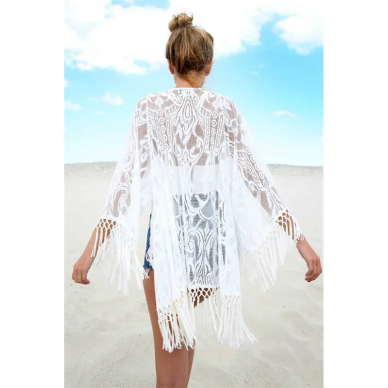 White Sexy Women Lace Crochet Tassel Bikini Swimwear Cover Up Woman Beach Dress Bathing Suit Beach Swimwear cover up