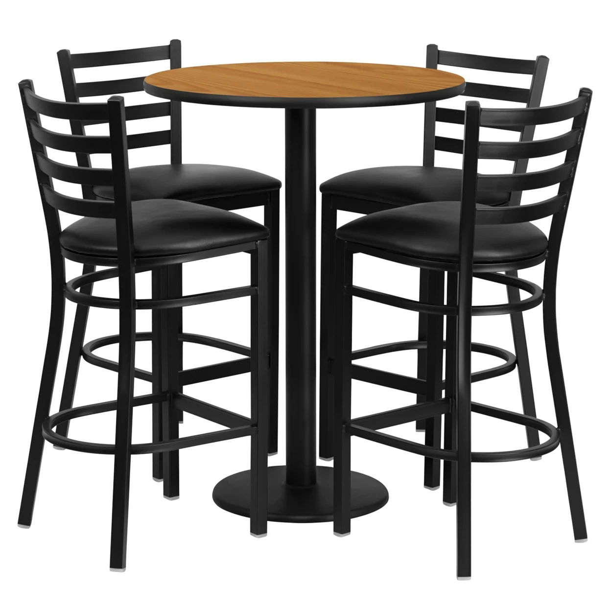 

Flash Furniture 30'' Round Natural Laminate Table Set with 4 Ladder Back Metal Bar Stools - Black Vinyl Seat [863-RSRB1023-GG]
