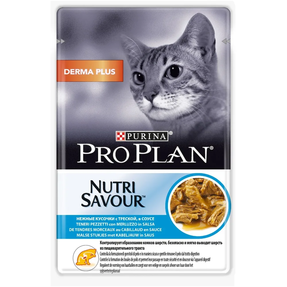 Влажный корм Pro Plan Nutri Savour для взрослых кошек с чувствительной кожей с треской в соусе, Пауч, 24х85 г