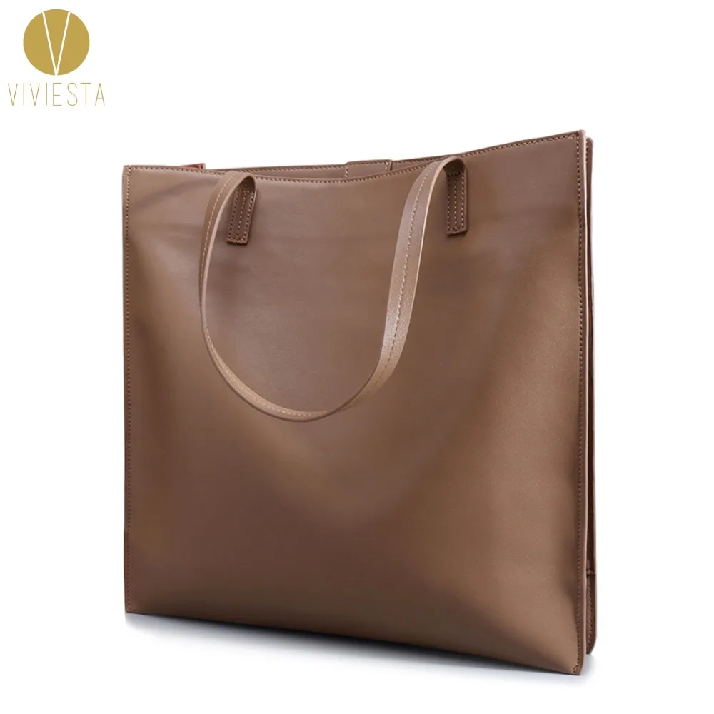 

REAL LEATHER DUAL SHOULDER FLAT TOTE Women's Business Work Formal Minimal Large Size A4 Genuine Skin Top Handle Bag Handbag