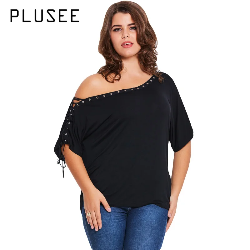 

PLUSEE New Women Fashion Plus Size Black Tops Skew Collar Lace Up Decoration Sleeve Big Size shirt XL-5XL