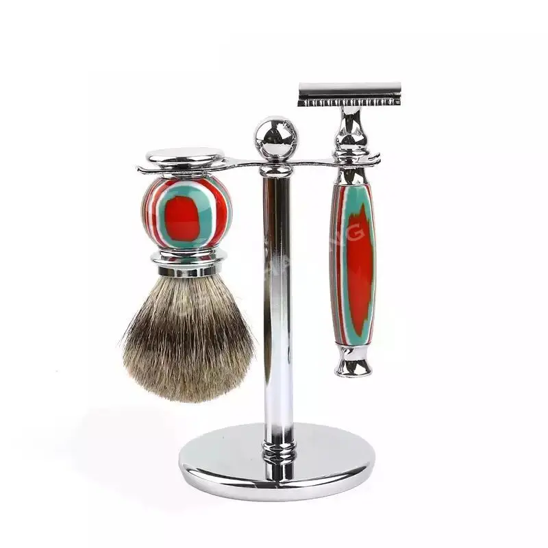 

CSB Pure Badger Hair Shaving Brush Set with 10pcs Blades Stylish Stripe Pattern Handle